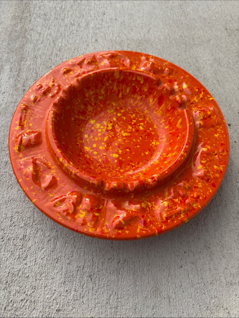 VTG 7” Mid Century Studio Pottery Console Ashtray Orange Lava Glaze